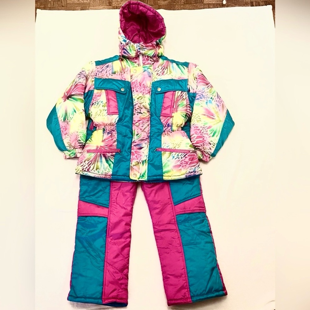 Ski Snowsuit 2-Piece Set Pink Teal Floral Vintage 90s Girls Youth 15